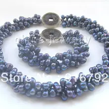 Красивая 1" и 8" 7-8 мм 3row черный пресной воды жемчужное ожерелье и браслет(C0322