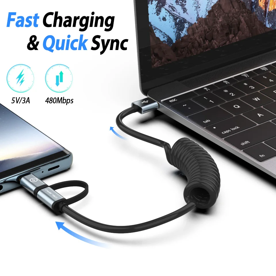 USB кабель Micro usb type-C, пружинный спиральный кабель 2 в 1, мульти USB кабель для зарядного устройства, кабель для huawei, samsung, Xiaomi, Oneplus, htc