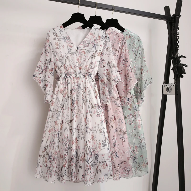 

Chiffon Floral Print Women Dress Summer 2019 V-Neck Short Sleeve Boho Dresses Female Elastic Waist Party Dress Vestidos robe