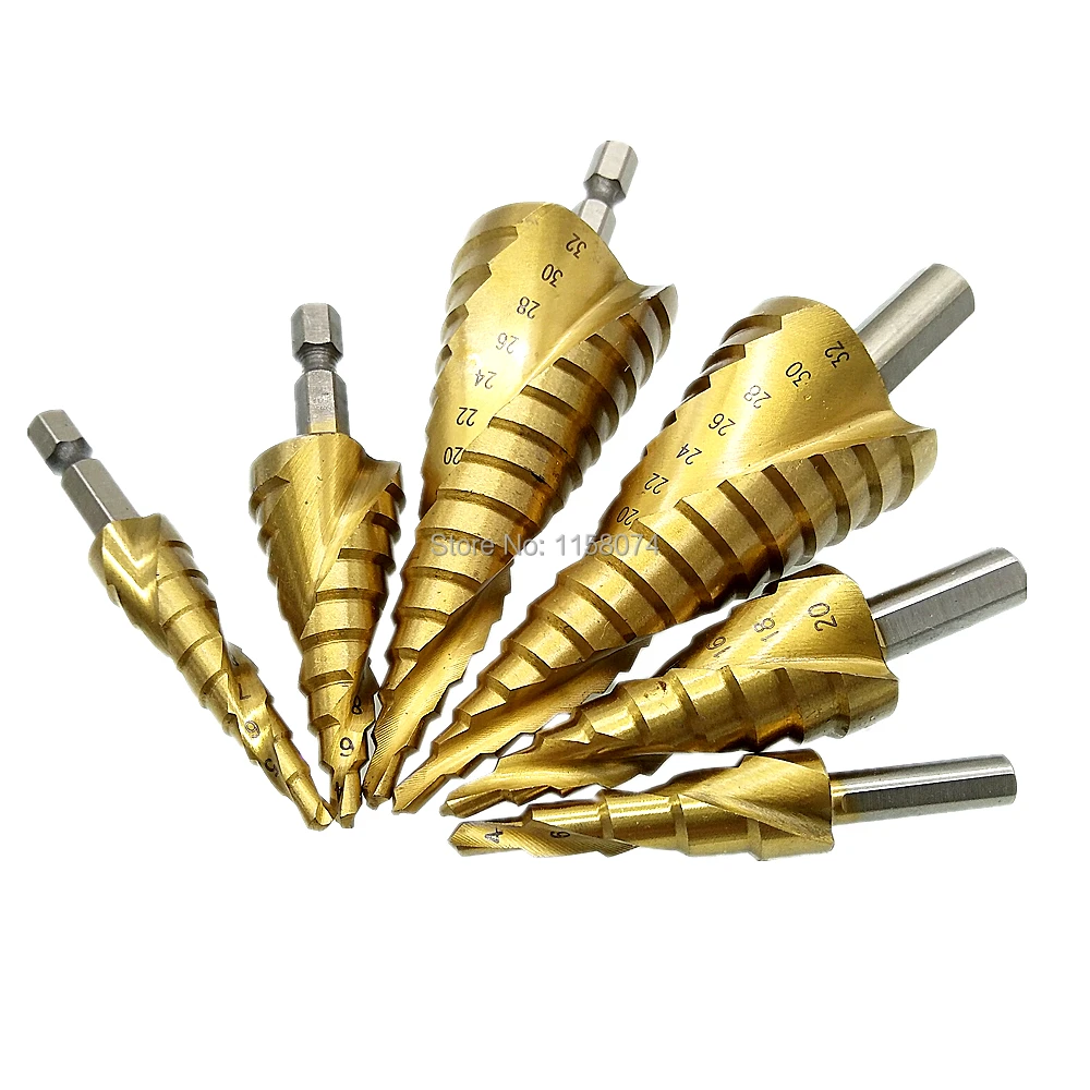 HSS Titanium Spiral Grooved Step Cone Drill Bit Set Triangle & Hex