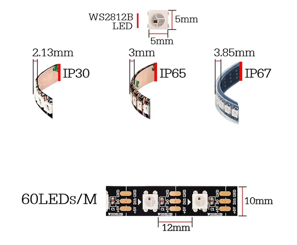 5 в постоянного тока WS2812B 2812 60 светодиодов/м 300 светодиодов Смарт светодиодные пиксельные светодиодные полосы света RGB чёрно-белые печатные