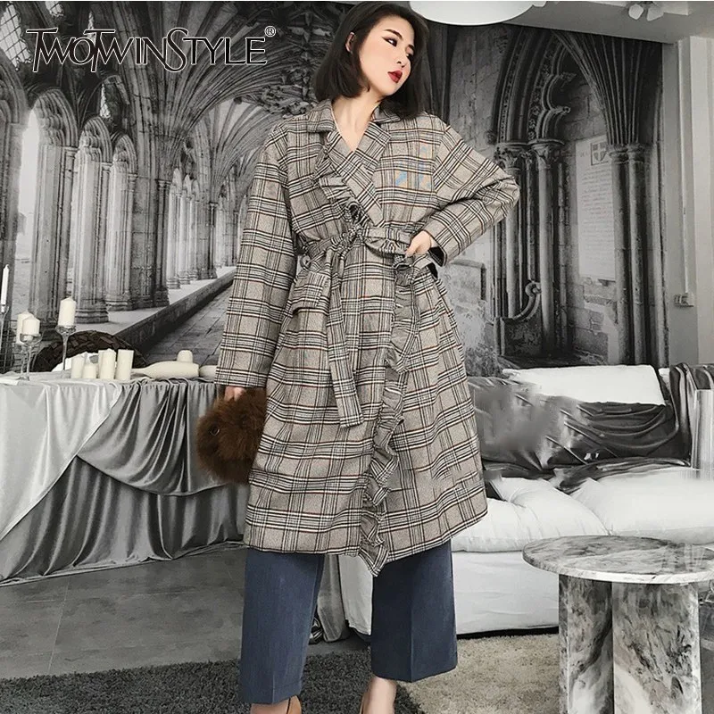 TWOTWINSTYLE Plaid Womens Windbreakers High Waist Lace Up Double Breasted Patchwork Ruffle Trench Coat Female Autumn Fashion New | Женская