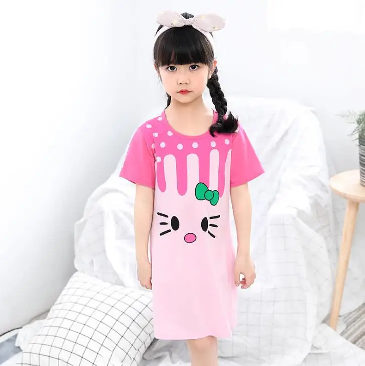 Летняя ночная рубашка для девочек, Пижамы Детская ночная рубашка с короткими рукавами, хлопок, детское спальное платье для малышей Размер 8, 10, 12, 14 лет