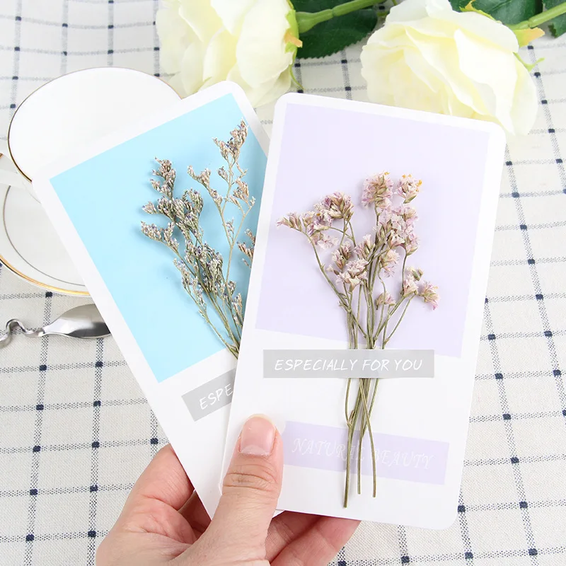 

2pcs Literary Handmade Dry Flowers Greeting Card Creative DIY Blessing Greeting Cards Invitations Birthday Party Wedding Gifts