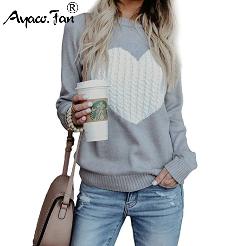 

2019 Autumn Winter New Cute Love Patchwork O-Neck Knitted Pullovers Jumper Casual Warm Women Sweaters for Female Lady Knitwear