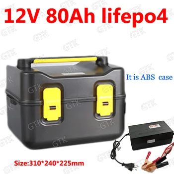 

GTK lithium 12V 80AH Lifepo4 battery 2 USB ports BMS 4S 12.6V for Solar Energy golf cart travel trailer monitor RV +10A Charger