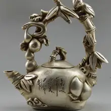 Азия коллекционные Украшенные тибетские серебряные резные птицы на виноградном дереве большой чайник