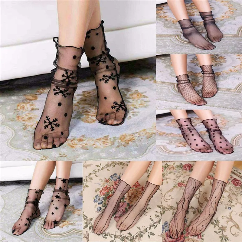 

Fashion Hot Summer Sexy Transparent Glitter Star Retro Lace Fishnet Socks Frill Soft Comfy Black Short Mesh Socks Free Shipping