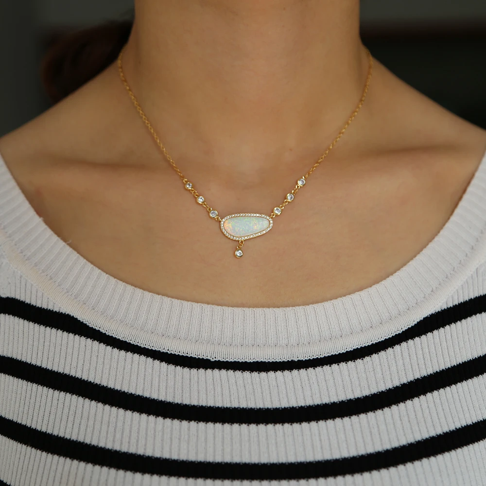 

Fashion Double Oval white Opal Vintage charm Necklace mini round drip cz station Pendants for Women dainty fashion cute Jewelry