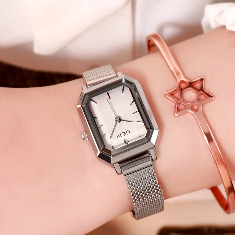 

Women Watches Luxury Brand Ladies Rectangle Watch Silver Steel Mesh Quartz Clock Casual Waterproof Wristwatches relogio feminino