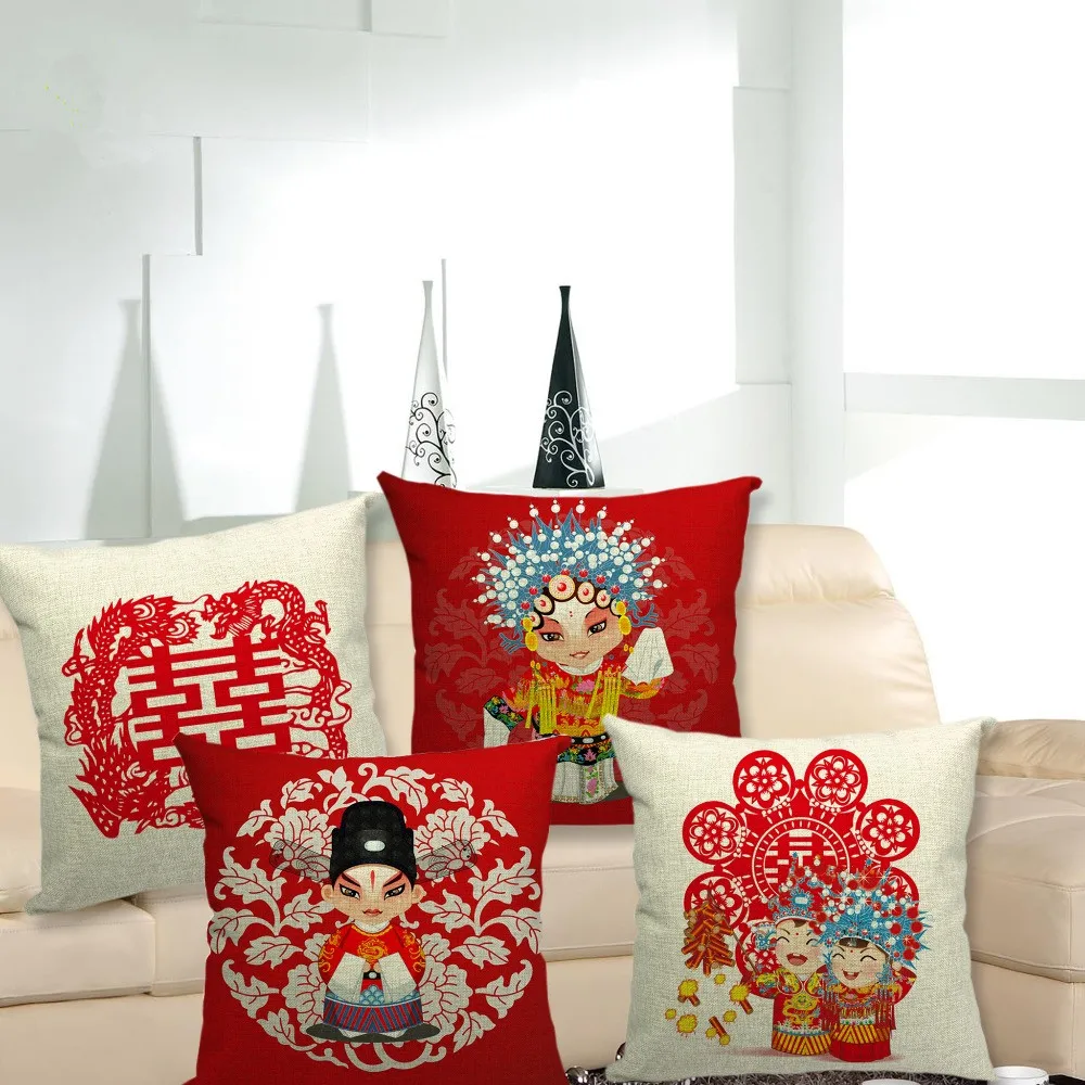 1 Pcs 43*43cm Chinese Style Wedding Cushions Linen Cushion Cover Happy