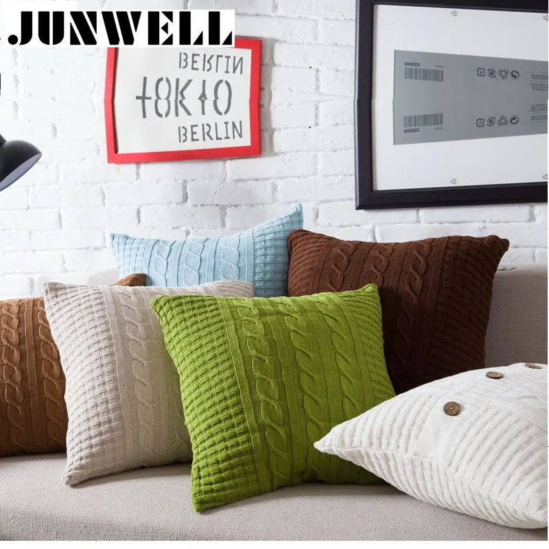 

Junwell New Arrival Cotton Knitted Cushion Button Pillow Sofa Back Cushion Coussin Cojines Decorative 45x45cm Square