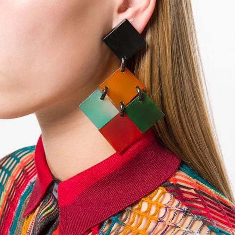 

FASHIONSNOOPS Ethnic Resin Drop Dangle Earrings Vintage Geometric Square Earrings For Women Party Jewelry