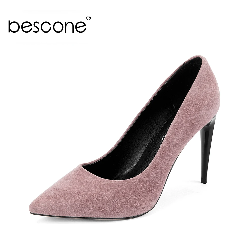 BESCONE Sexy Party Pumps Best Seller Kid Suede Pointed Toe 10cm Supper High Thin Heel Woman Shoes Spring Slip-on  Lady Pumps A34