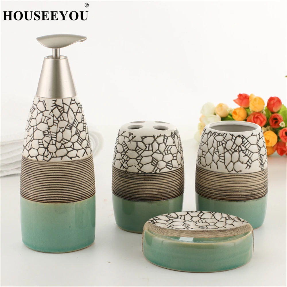 

4Pcs/set Ceramic Bathroom Accessories Bath Gift Set Toothbrush Holder Tumbler Water Cup Mug Soap Dish Liquid Soap Dispenser