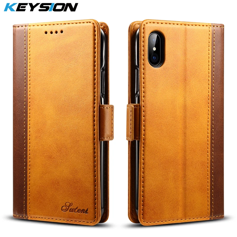 KEYSION Vintage Wallet Case for iPhone X TPU + PU Splice Leather Flip Cover for iPhone X Card Pocket Kickstand Case for iPhoneX