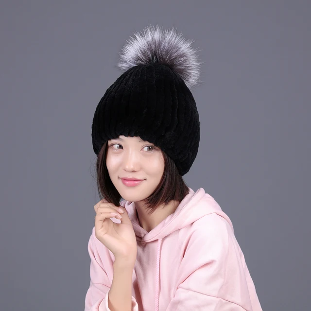 Real fur hat knitted rex rabbit fur hat for women silver Fox pom poms hat winter beanies caps