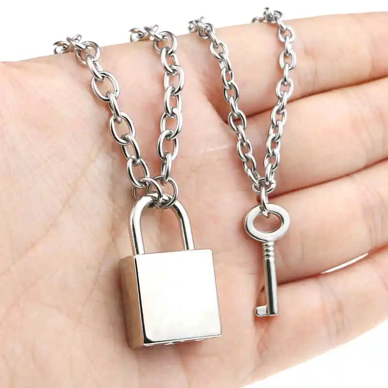 

2pcs/lot hip hop rock couple necklace stainless steel chain alloy key lock can open pendant eternal love brand jewelry gift