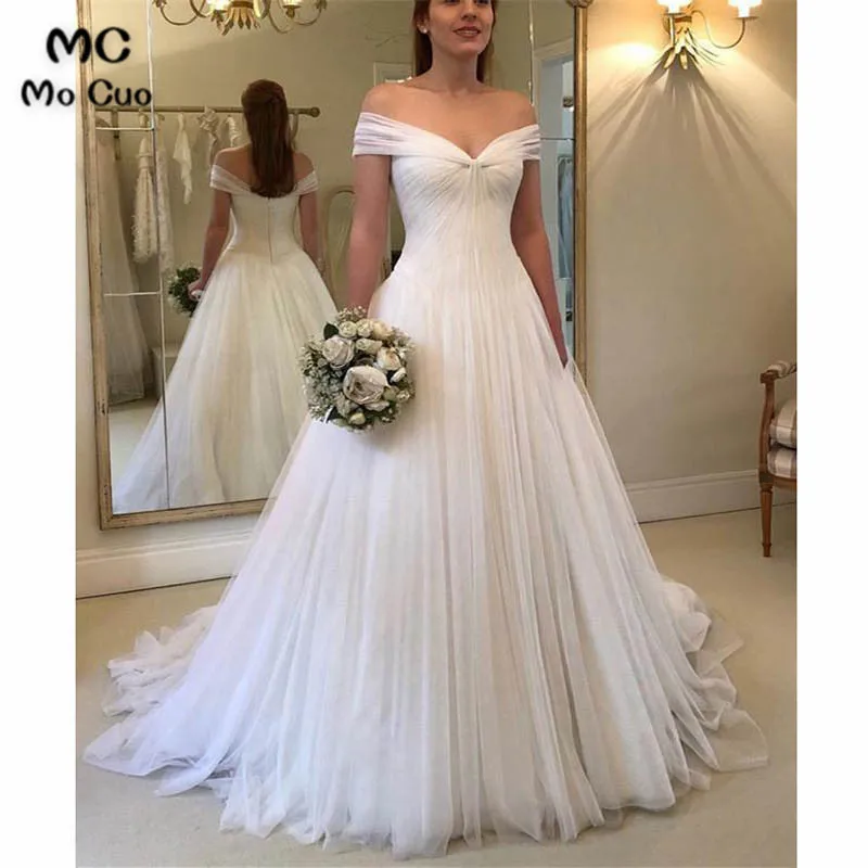 Elegant Pleated Tulle V-neck Off Shoulder Princess Wedding Dresses 2019