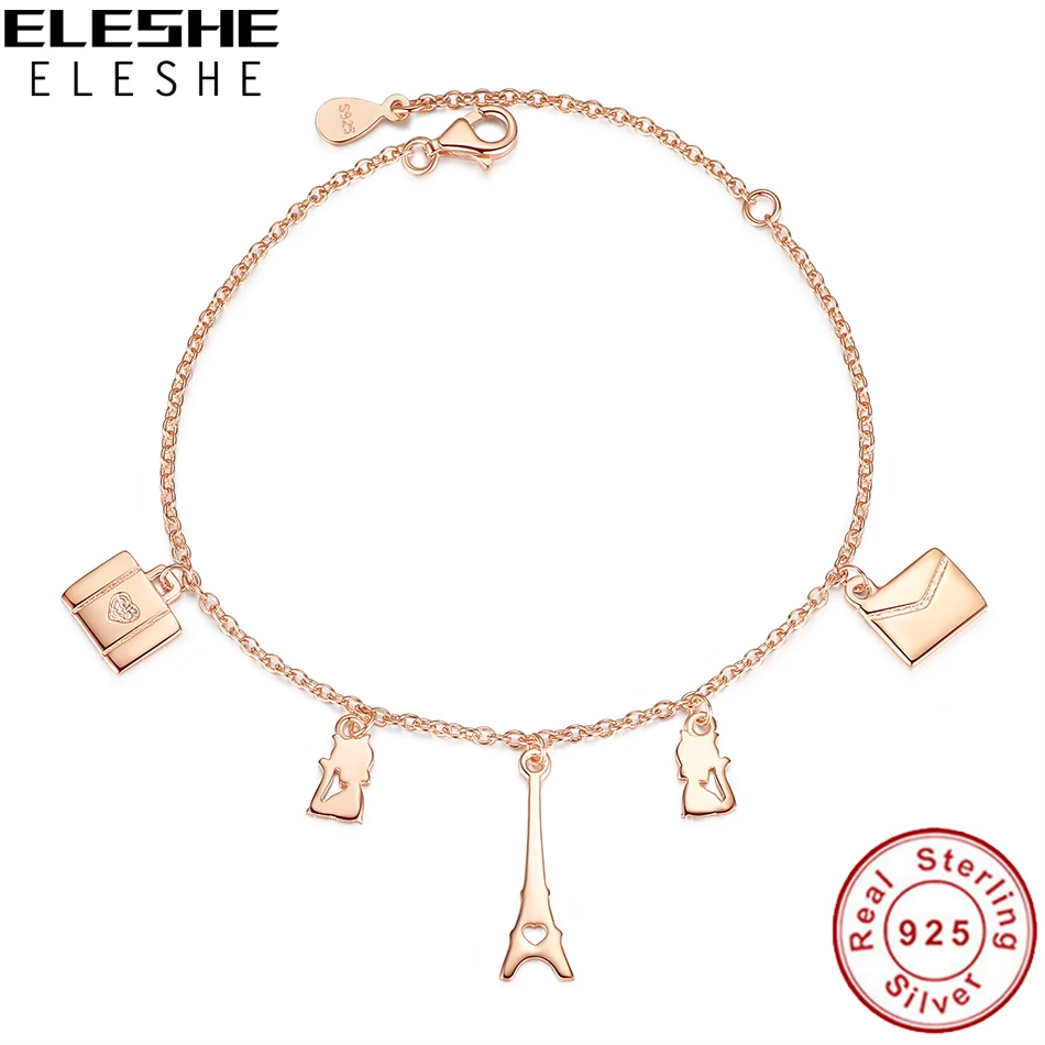 

ELESHE Rose Gold Color Paris Eiffel Tower Design Adjustable Link Chain 925 Sterling Silver Bracelets for Women Christmas Gift