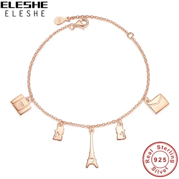 

ELESHE Rose Gold Color Paris Eiffel Tower Design Adjustable Link Chain 925 Sterling Silver Bracelets for Women Christmas Gift