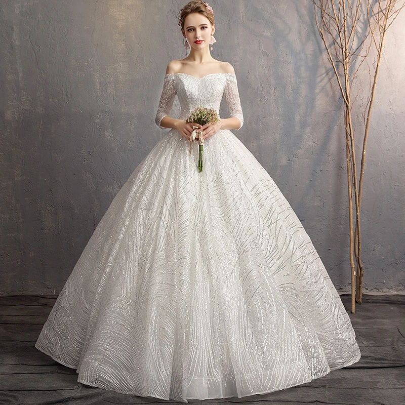 

Wedding dress 2019 new bride wedding dress Qi Qi court luxury word shoulder French thin starry dress female wedding dress