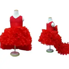 Платья в цветочек для девочек пышные красные платья с хвостом из шифона для девочек летнее платье с большим бантом для девочек на свадьбу праздник и день рождения