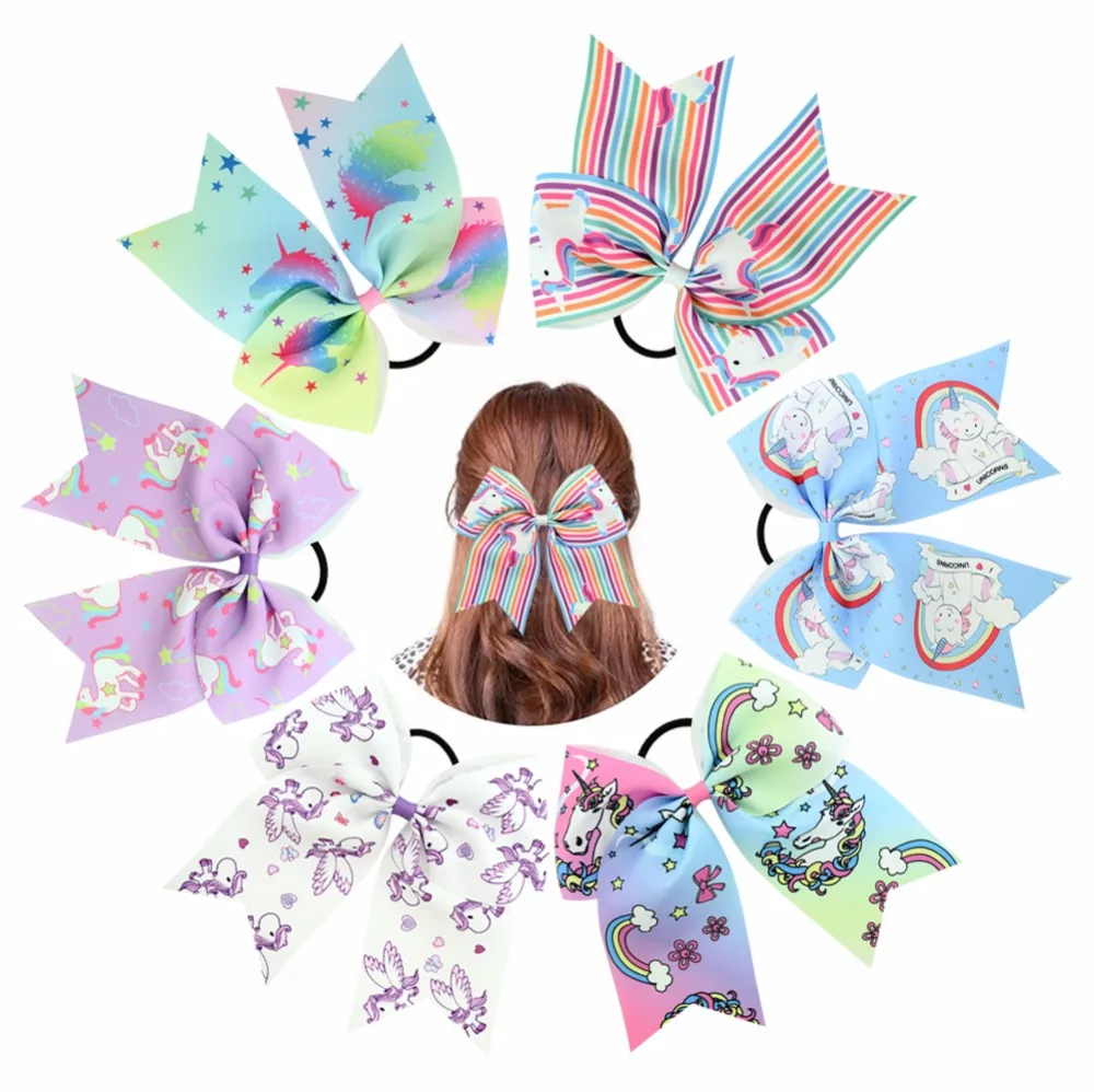 

12pcs/lot 7" Large Colorful Unicorn Rainbow Print Grosgrain Ribbon Bows With Elastic Band Girls Rope Handmade Hair Accessory 834