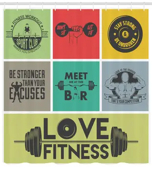 

Fitness Shower Curtain Various Motivational Quotes in Colorful Frames Get Fit Active Healthy Lifestyle Fabric Bathroom Decor Set