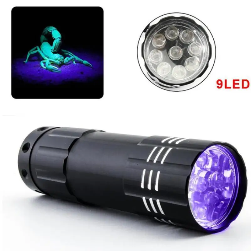 Ultraviolet 9 LED Flashlight Black Purple light Torch Light Lamp Black AAA Mini Protable Aluminum UV New Year's product Unique