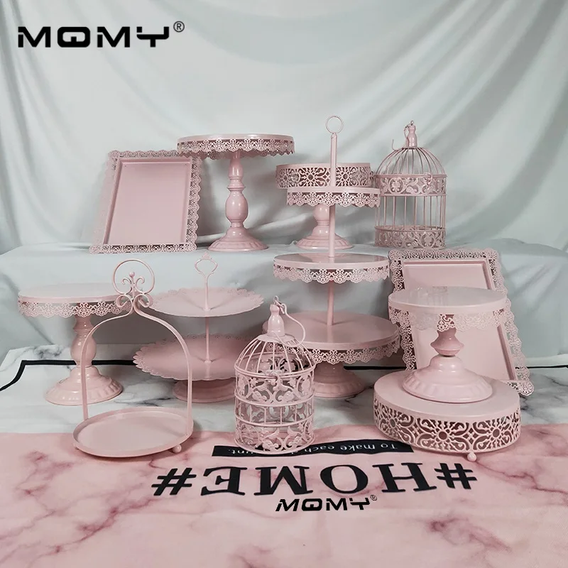 Pink 12 шт. свадебный набор поднос металлический кристалл 3 яруса оптом фрукты клетка золотой торт стенд - Цвет: Pink