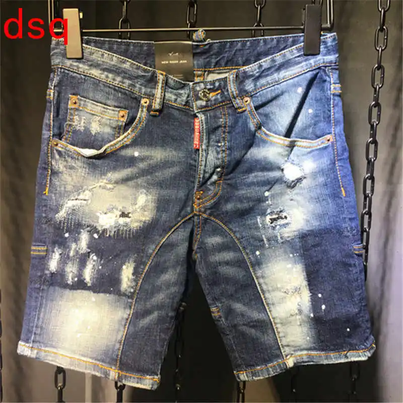 F.N.JACK Mens Jeans Stylish Ripped Jeans Man Skinny Short Jeans Moto&Biker Denim Men Straight Denim Zipper Fly Knee Length