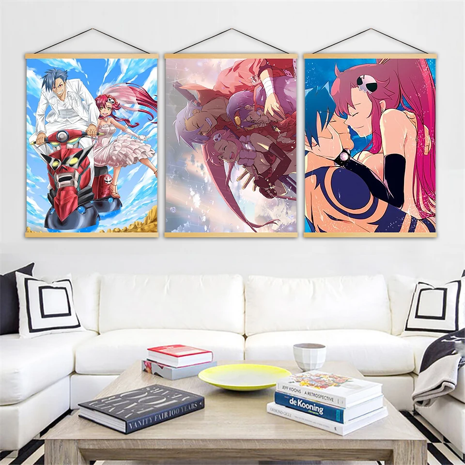 Modern Canvas Wall Art Printed Painting Tengen Toppa Guren Ragan Anime Solid Wood Hanging Scrolls Poster Nordic Style Home Decor | Дом и сад