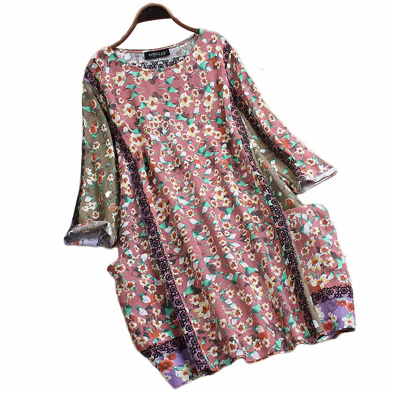

QPFJQD Women Summer Floral Print Dresses Casual O-Neck Wrist Sleeve Vintage Printed Cotton Linen Dress Party Robe With Pockets