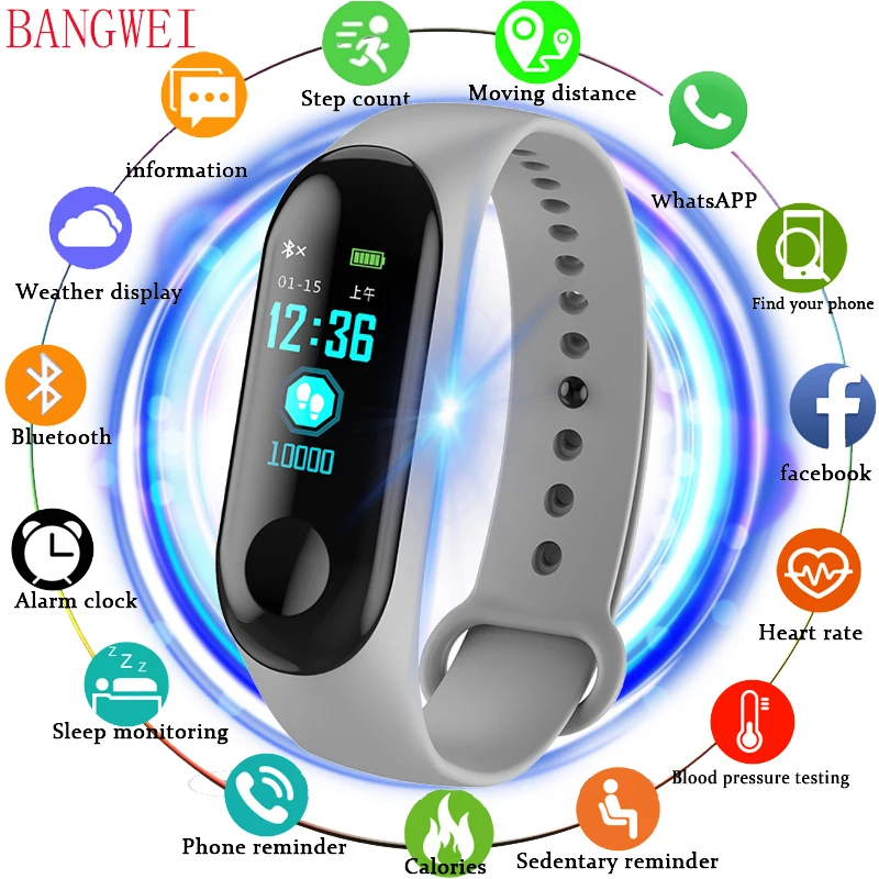 

BANGWEI 2018 Smart Watch Men IP68 Waterproof Sport Watch Blood Pressure Heart Rate Monitoring Pedometer Smart Fitness Watch +Box