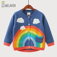 WeLaken/Новинка года; пальто для девочек с милыми облаками и радугой; Хлопковый вязаный кардиган; детская одежда; вязаное пальто для маленьких мальчиков