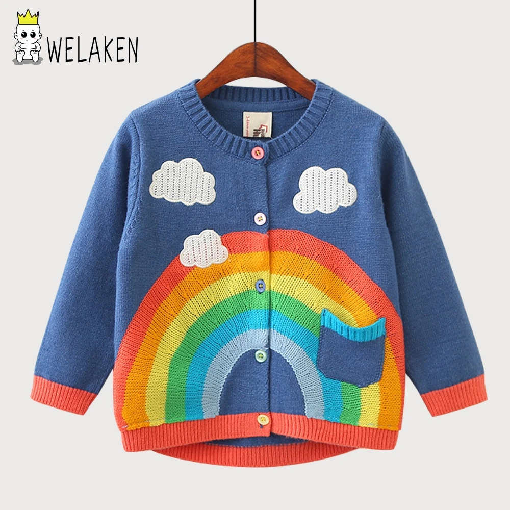 

WeLaken 2019 New Arrive Girls Coat Cute Could Clouds Rainbow Pattern Cotton Knit Cardigan Kids Clothes Baby Boys Knitted Coat