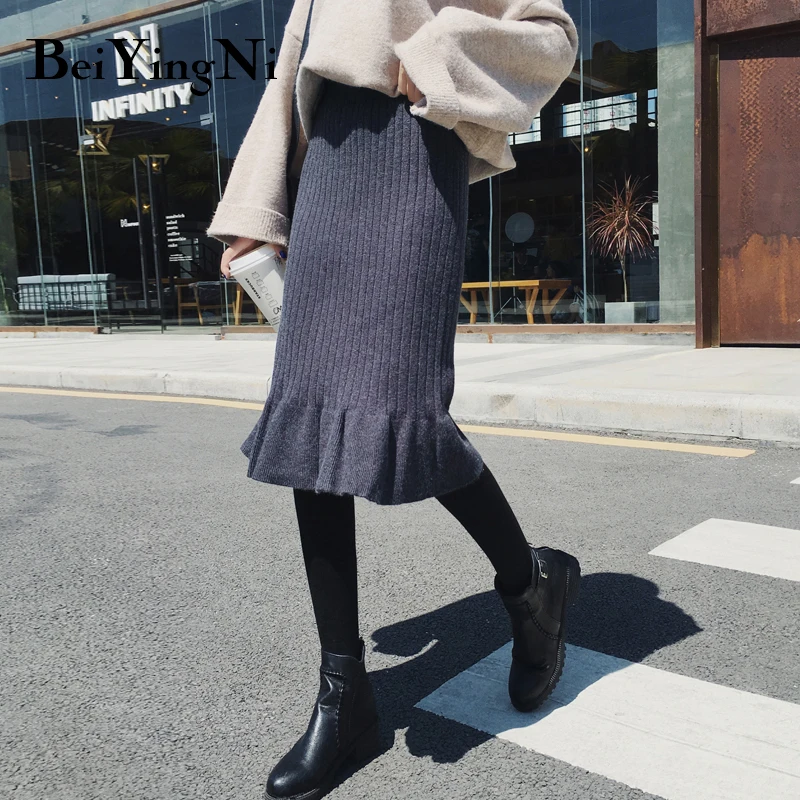 

Beiyingni 2019 Autumn Winter Knit Skirt Women Solid Package Hip Knitted Skirts Korean Midi Mermaid Skirt Casual Faldas Femme OL