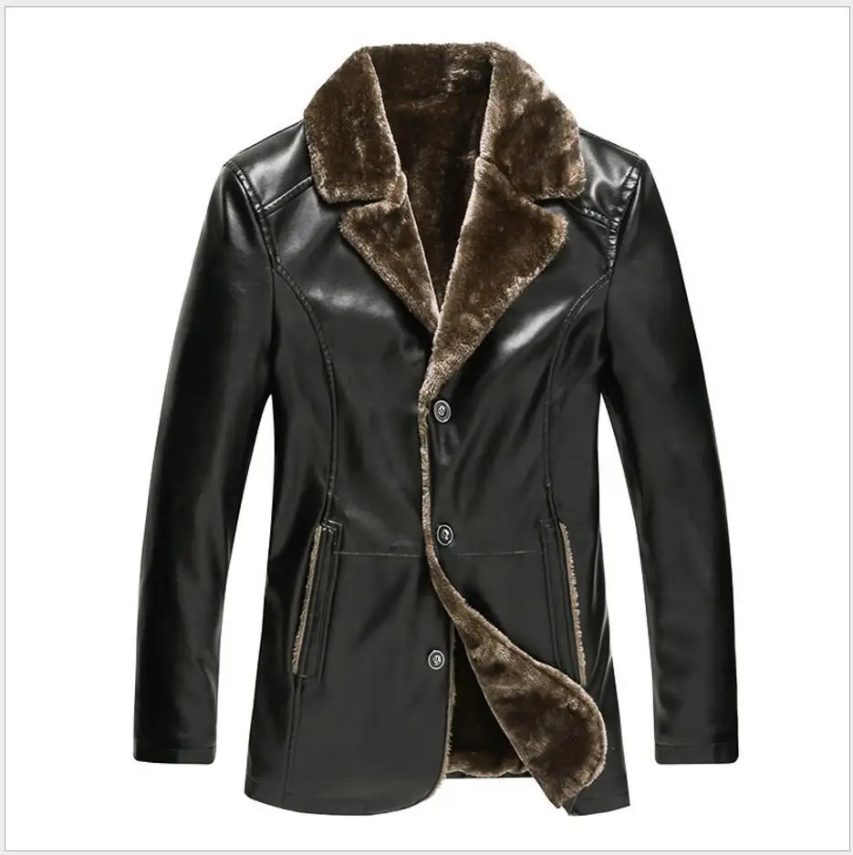 M-4XL Новинка зимы среднего возраста Для мужчин Искусственная кожа длинное пальто плюс бархат лацкан кожаная куртка пальто с мехом