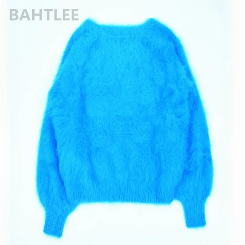 BAHTLEE осенне-зимний женский вязаный пуловер из Ангорского Кролика, свитер с круглым вырезом и рукавом-фонариком, норка, кашемир, толстый, сохраняет тепло - Цвет: Lake blue