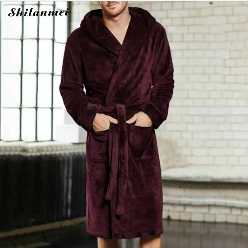 2018 New Winter Men Luxury Bathrobe Mens Warm Silk Flannel Long Kimono Bath Robe Home Clothes Male Night Dressing Gown Bathrobes