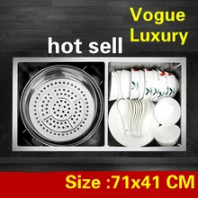 Квартира маленькая кухонная ручная раковина двойной паз высокого качества сделать блюда 304 нержавеющая сталь Горячая 71x41 см