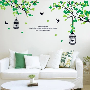 

Black Bird Cage Tree Green Leaf Branch Decorative Wall Sticker Decal Vinyl Art Living Room Home Decor Mural