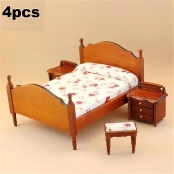 

1:12 Dollhouse Miniature Furniture 4Pc Set 1 Double Bed + 1 Stool + 2 Bedstand
