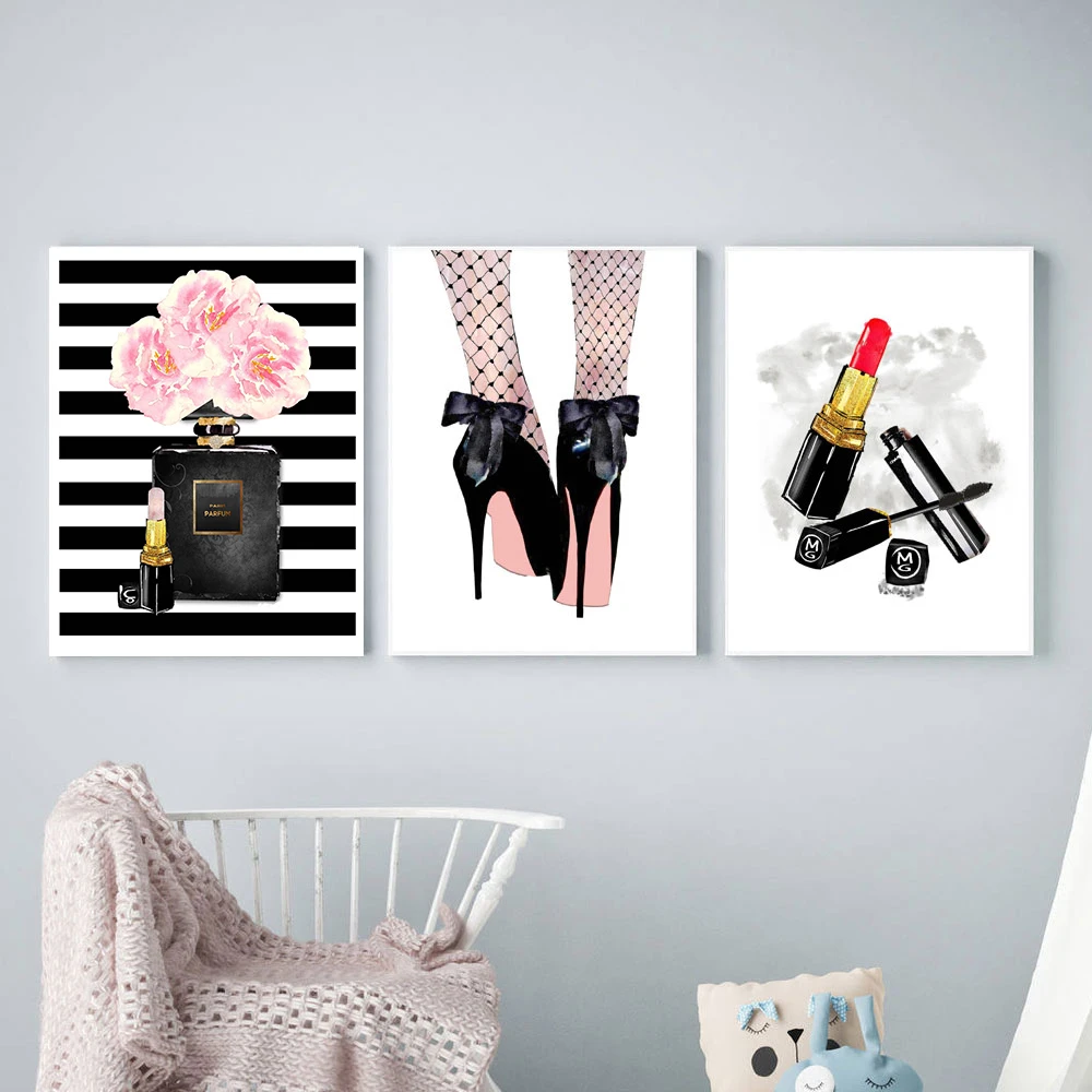 

Lipstick Art Print Scandinavian Modern Perfume High Heels Canvas Painting Nordic Gril Room Decoration Wall Pictures Poster Decor