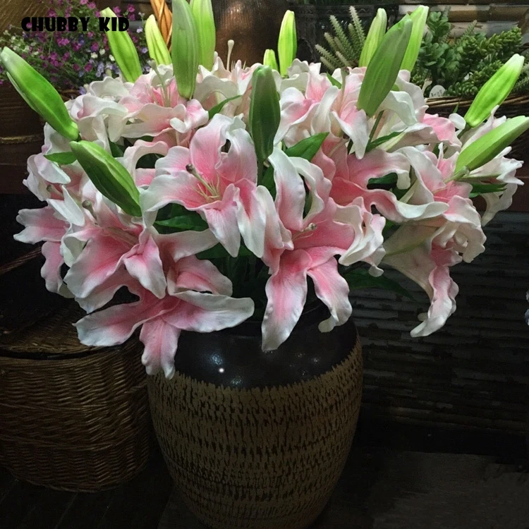 

6pcs /lot! Wholesale High simulation PU Lily flower 90cm long stem 3 heads real touch fake Lilies wedding decorative flowers