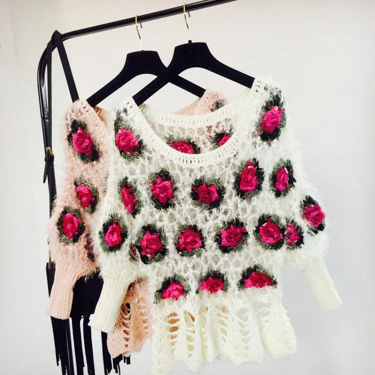 Handmade Crochet Sweaters Women 2017 Vintage Ethnic Mohair Style Hollow Out Rose Floral Batwing Sleeve Pullover