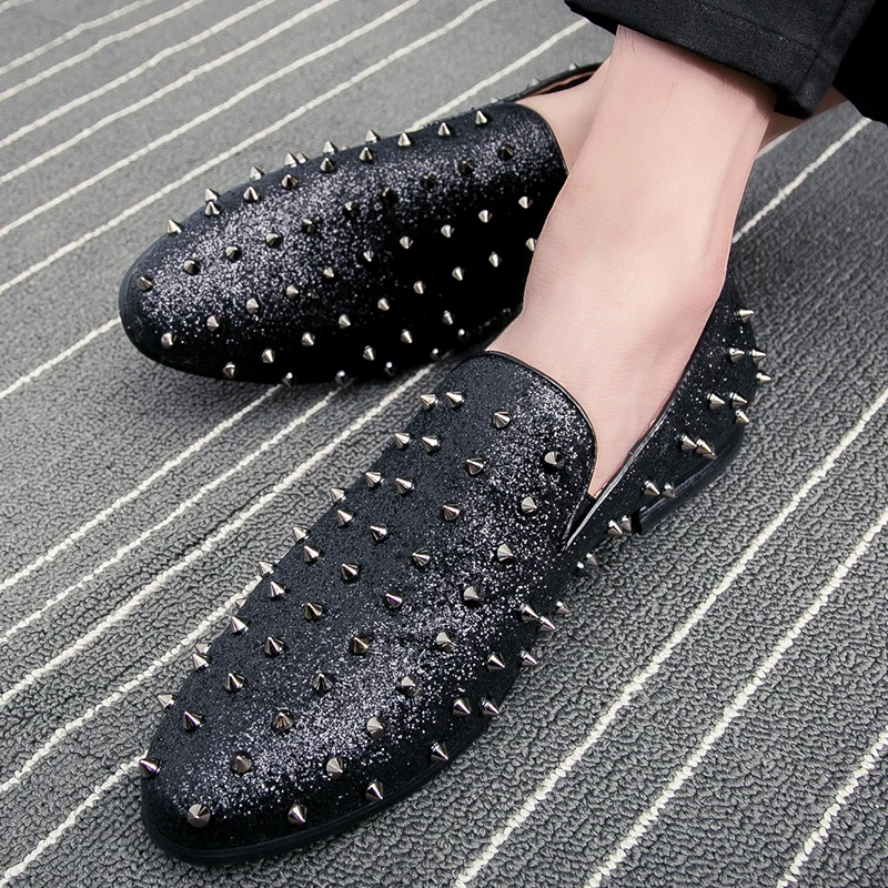 men's spike dress shoes italian silver gold slip on rhinestone loafers 2017 luxury brand unique cool male studded footwear flats (2)