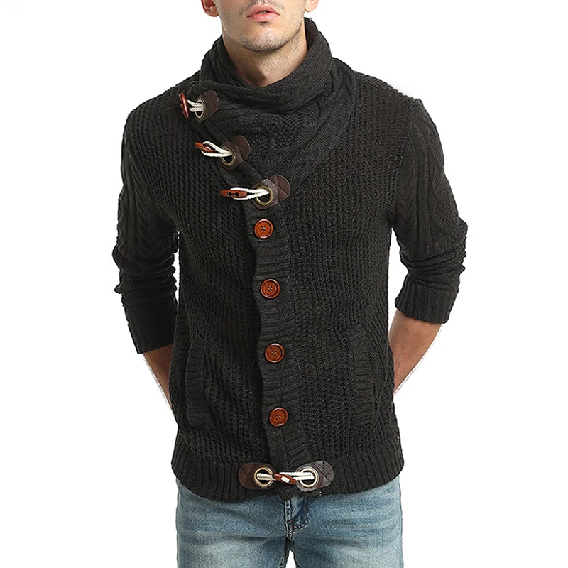 Мода Рог пряжка Повседневный свитер мужской водолазка грубая шерсть пуловеры Твист Цветок эластичный плотный свитер одежда европейский