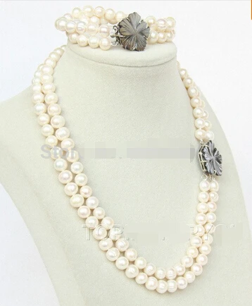 free shipping 18&quot 8&quot 2row round white 8-9mm FW pearls necklace bracelet set seashell clasp | Украшения и аксессуары